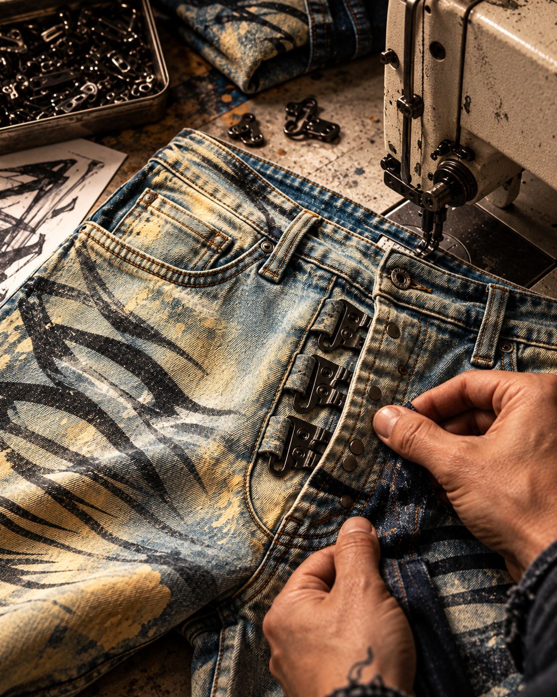 Hands working distressed, washed denim at a studio table