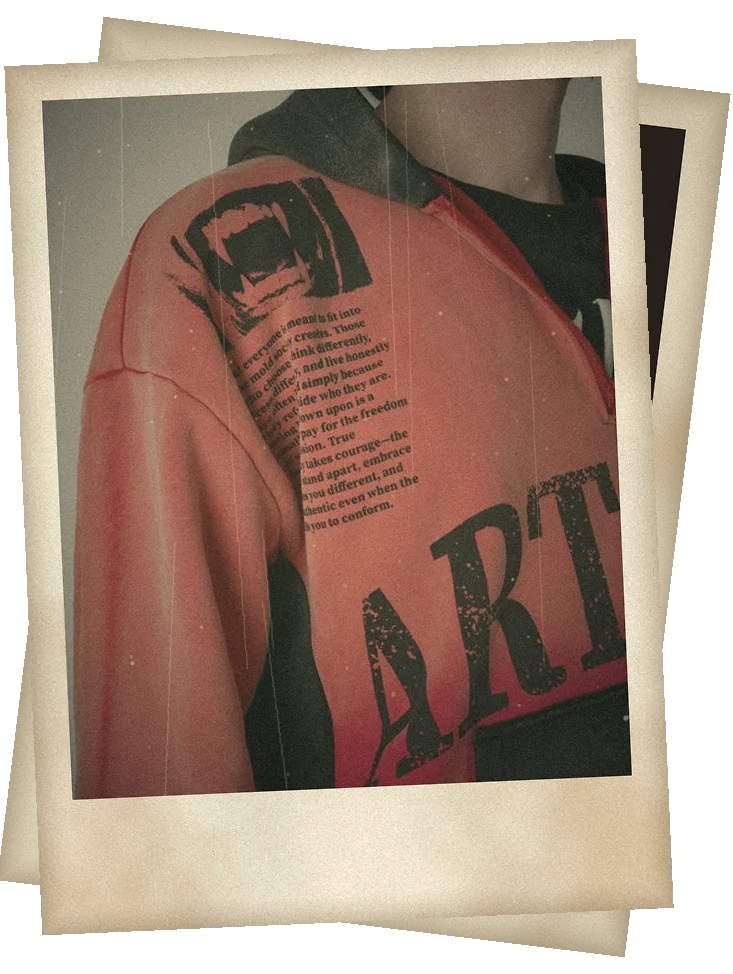 Text-block print on a crimson hoodie