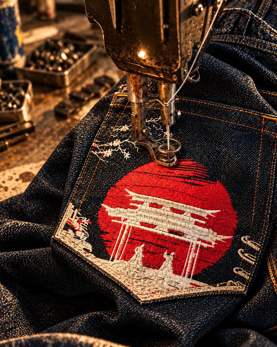 Sewing-machine needle embroidering a rising sun onto a denim back pocket
