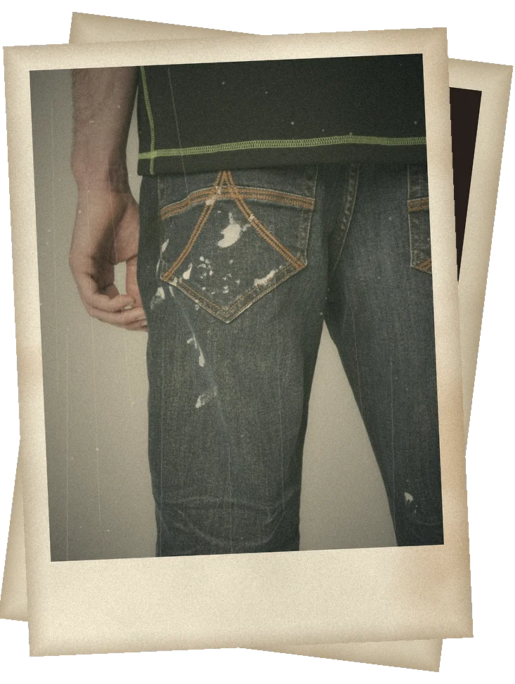 Arched back-pocket stitching on dark denim