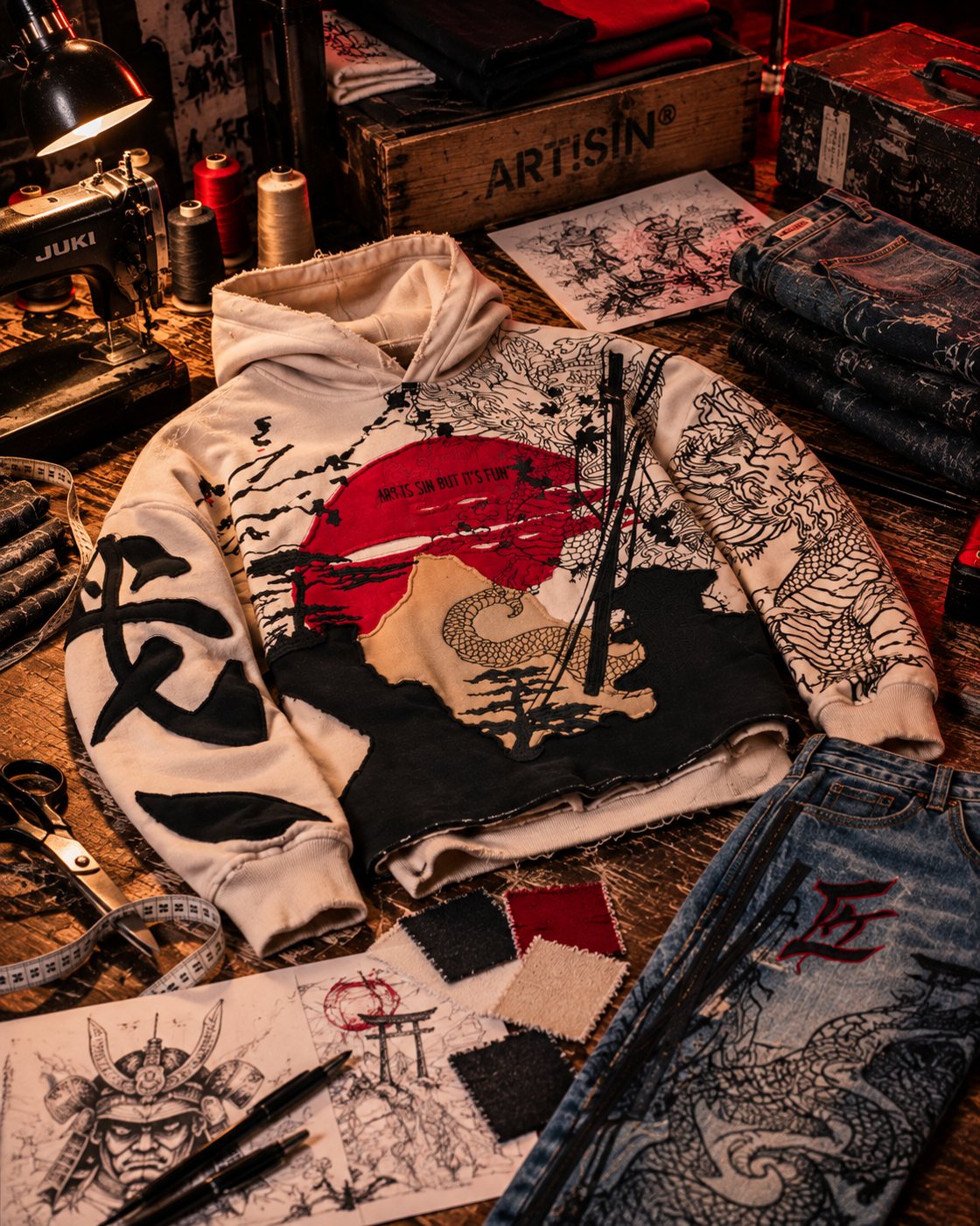 Rising Sun hoodie laid out on a workbench with sketches, fabric swatches and embroidered denim