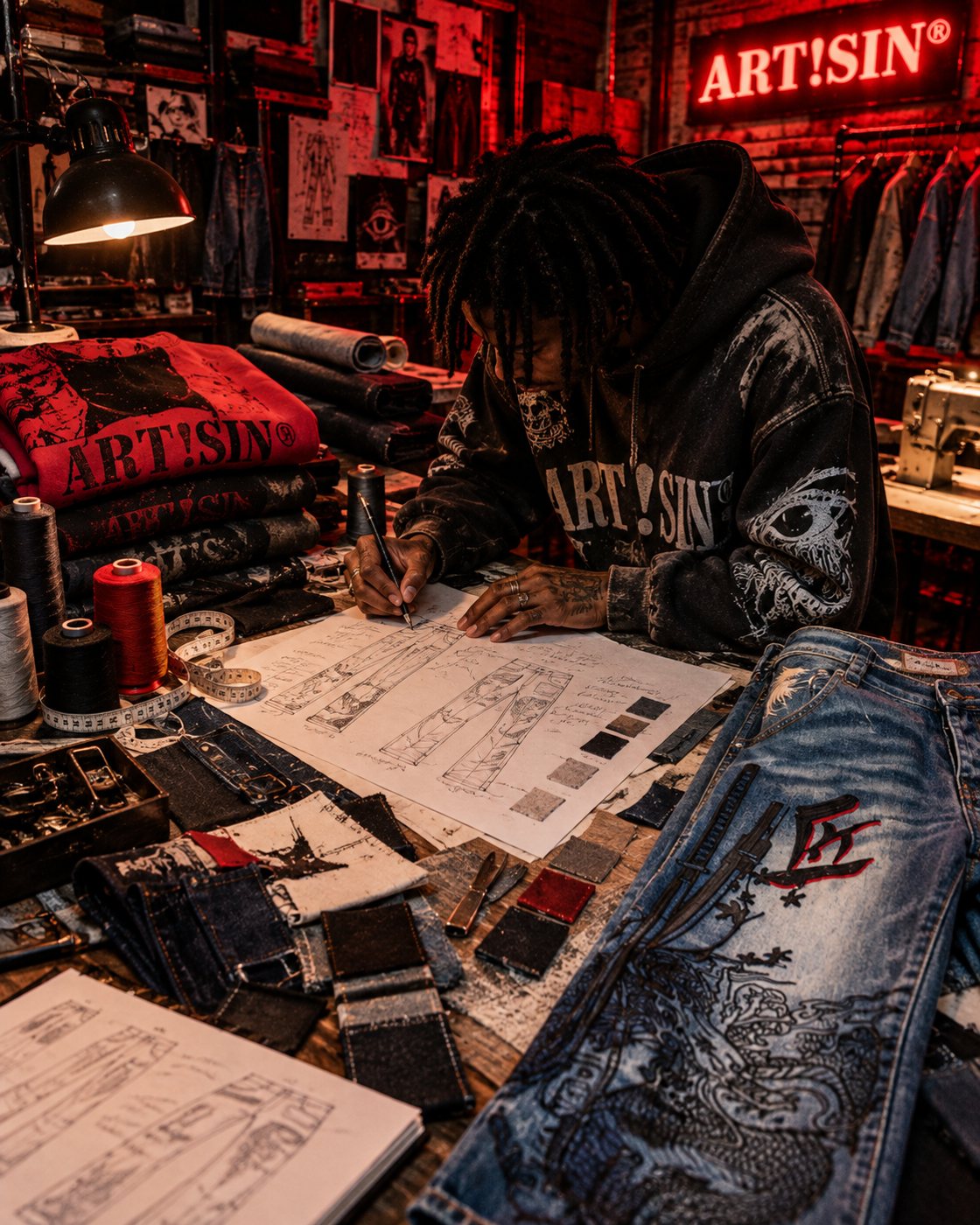 Designer sketching denim at a studio table under an ART!SIN neon sign