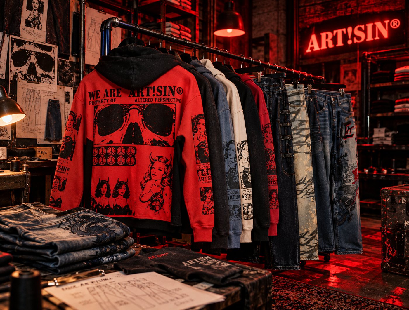 ART!SIN hoodies and jeans on a rack in a red-lit store, WE ARE ART!SIN hoodie in front